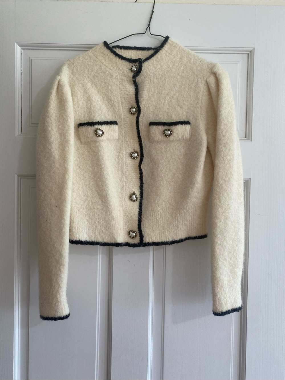 Cream Bouclé Button-Front Jacket with Black Trim